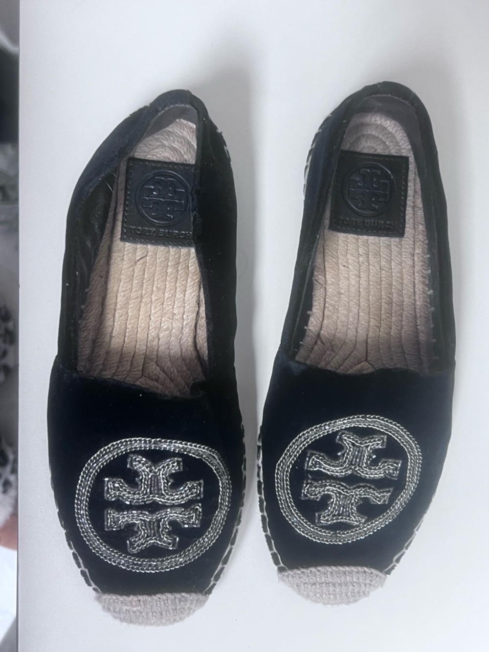 Tory Burch Black Velvet Espadrille Flats with Silver Logo Embroidery